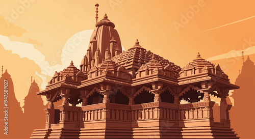 A serene Indian temple at sunset.