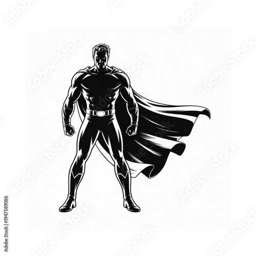 A striking black and white illustration of a muscular superhero in a dynamic pose