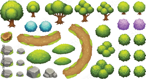 Set of 39 cartoon vector game assets featuring various green trees, bushes, rocks, and brown dirt paths, ideal for creating vibrant nature-themed landscapes and environments in digital projects.