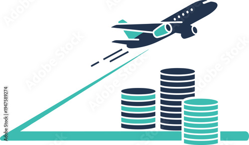 Airplane flying above money stacks with ascending line showing high travel costs concept