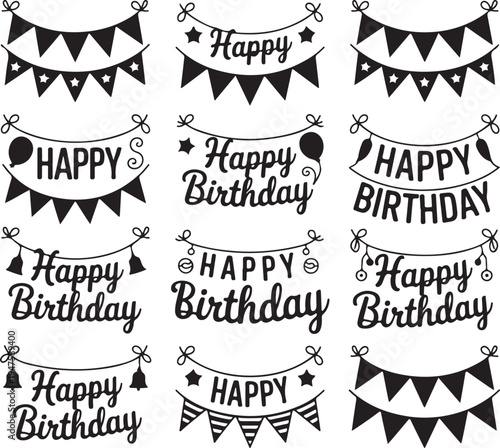 Happy birthday bunting and text banners in black silhouette on transparent background