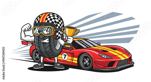 Cartoon Michelin Man Character Racing Car.