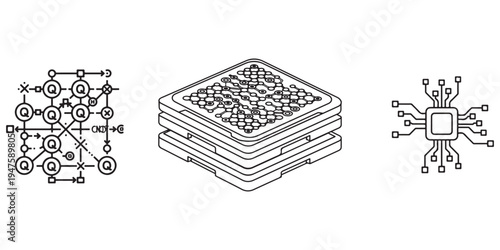 Three simple icons representing technology and interconnected systems