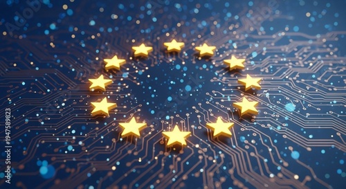 EU stars glow on abstract digital network,circle of twelve glowing golden stars arranged on a blue digital circuit board background with interconnected lines and bokeh light particles, symbolizing Eur