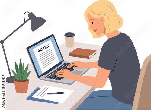 A woman works on laptop at desk with papers and coffee