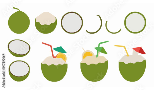 Green coconut fruit and tropical coconut cocktail flat vector icon set isolated on white background