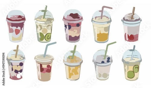 Hand drawn transparent smoothie cups with fruity organic shakes and summer cocktails vector collection
