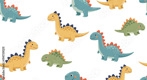 Colorful cartoon dinosaurs in various poses.