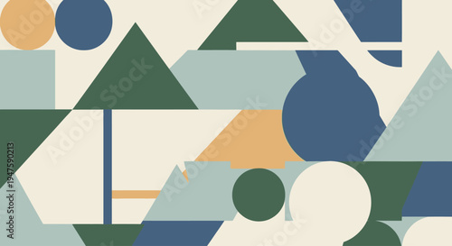Geometric shapes in muted colors.
