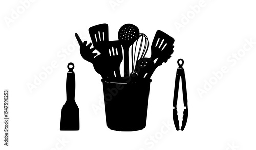 Modern silicone kitchen utensil collection in storage bucket minimal vector illustration isolated on white