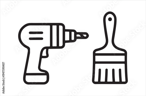 Simple black and white line drawing of a power drill and paintbrush