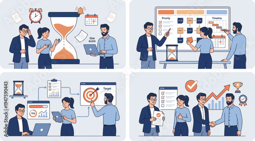 Team Time Management Process Vector Illustration — Deadline Control, Task Prioritization, Workflow Execution and Project Success