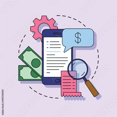 Financial technology concept, mobile phone with money, magnifying glass, receipt, gear, and dollar sign, digital accounting illustration