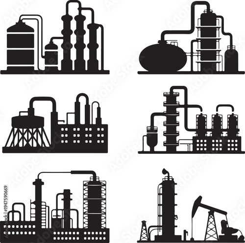 Industrial refinery plant silhouettes with towers tanks and pipelines, petrochemical factory complex, oil and gas industry icon.