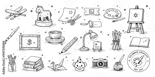 アート道具と創作アイテムの手描き線画イラストセット、Hand Drawn Line Illustration Set of Art Tools and Creative Objects