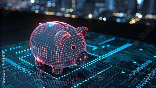 Futuristic Wireframe Piggy Bank Glowing on Digital Circuit Board, Symbolizing Secure Online Investments and Modern Financial Technology in a Digital City