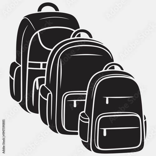Three black silhouettes of backpacks in increasing size showing different compartments and straps for travel