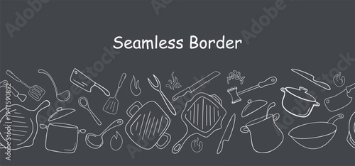 Seamless border repeatable pattern white line art kitchen tools, cooking essentials, cookware, tableware pots, pans, spatulas, knives on black background for food packaging, menus and recipe design.