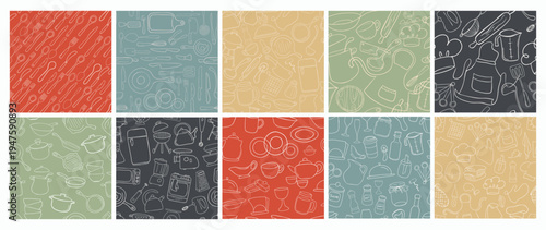 repeatable background Seamless cooking patterns with line art kitchen essentials, cookware, tableware and appliances in muted colors for packaging, textiles and digital design.