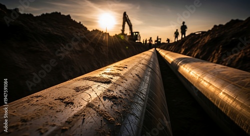 Massive industrial steel pipes laid in a trench at a construction site during sunset, gas or oil pipeline project.