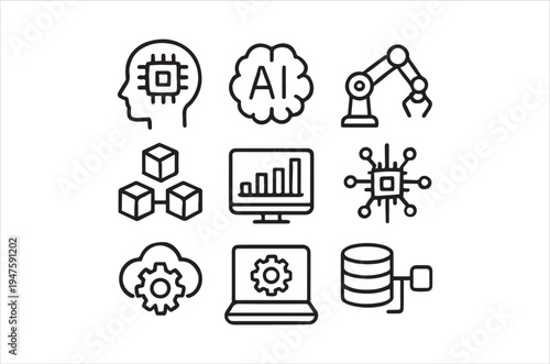 Artificial intelligence and automation icons depict modern technology and data concepts