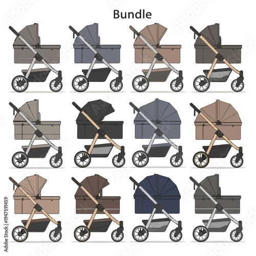 Collection of baby strollers in various colors.