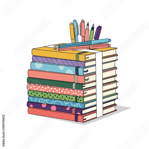 Colorful Stack of Books with Pens.