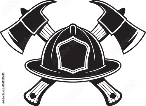 Firefighter helmet and axes illustration, rescue symbol, emergency service, safety equipment, brave profession, heroic occupation, firefighter gear.