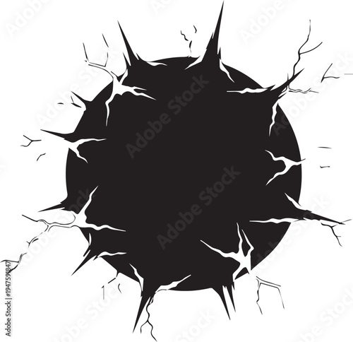Abstract circular blast hole vector silhouette illustration showing cracked wall surface