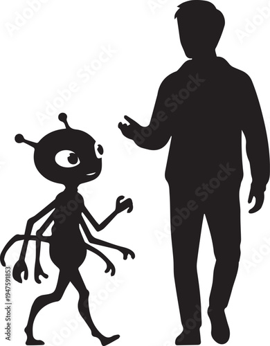 Alien and man silhouette illustration, extraterrestrial creature and human vector line art