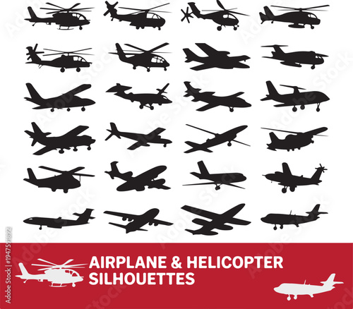 Collection of black silhouette airplane and helicopter aircrafts flying on transparent background vector icons