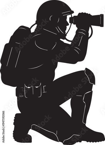 Kneeling explorer with binoculars vector silhouette illustration for outdoor observation