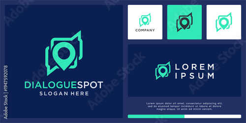 Dialogue spot logo design template with chat and pin