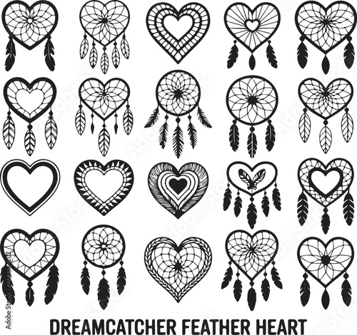 Collection of heart shaped dreamcatchers with feathers for bohemian decor