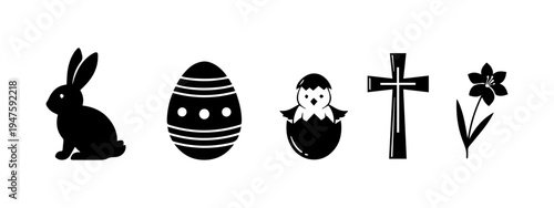 Collection of Black Silhouette Easter Icons Featuring Bunny, Egg, Chick, Cross, and Lily