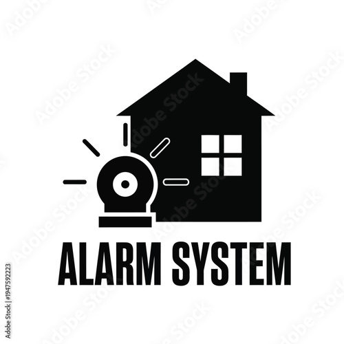 A simple black and white graphic depicts a house with a security alarm system activated displaying a warning symbol high quality professional detailed modern