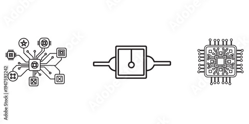 Modern technology icons circuitry, microchip, and AI network diagram