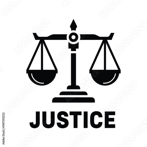 A stark black and white illustration depicts the scales of justice balanced and centered with the word justice boldly displayed below high quality professional detailed modern