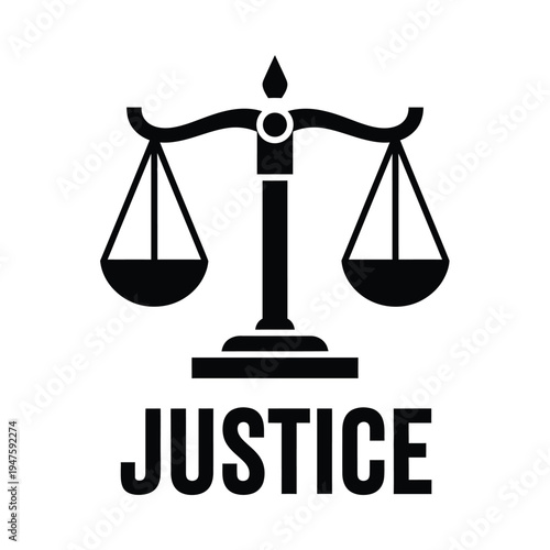 A stark black and white illustration depicts a traditional scales of justice symbolizing fairness and legal equilibrium with the word justice below high quality professional detailed