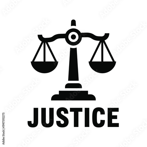A stark black and white illustration depicts the scales of justice symbolizing fairness and impartiality with the word justice below high quality professional detailed modern elegant
