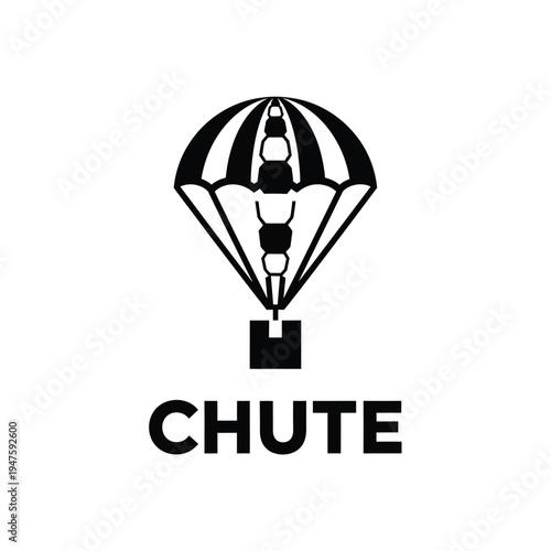 A stark black and white graphic depicts a skydiver descending with an open parachute accompanied by the bold text chute below high quality professional detailed modern