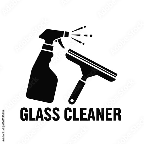 A black silhouette depicts a spray bottle and squeegee paired with bold text reading glass cleaner below them high quality professional detailed modern elegant