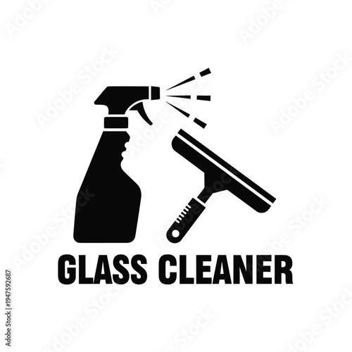 A stark black and white graphic depicts a spray bottle and squeegee accompanied by the bold text glass cleaner underneath high quality professional detailed modern elegant
