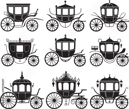 Collection of vintage carriage silhouettes isolated on transparent background, classical horse drawn vehicles.