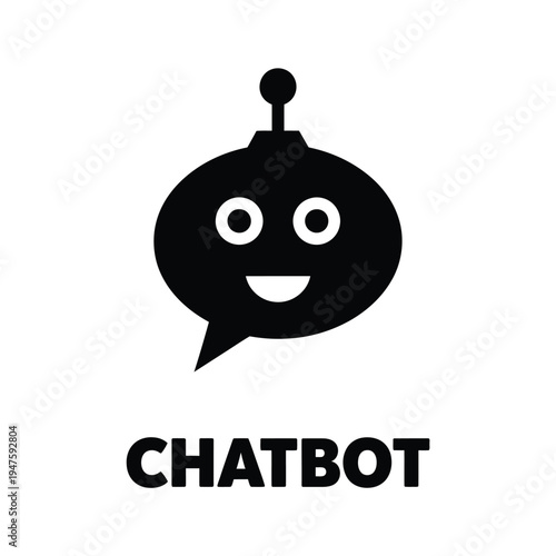 A simple black silhouette of a friendly chatbot with large eyes and a speech bubble design is displayed high quality professional detailed modern elegant
