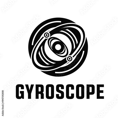 A striking black and white graphic depicts a stylized gyroscope design with orbital rings and a central focal point high quality professional detailed modern elegant stylish