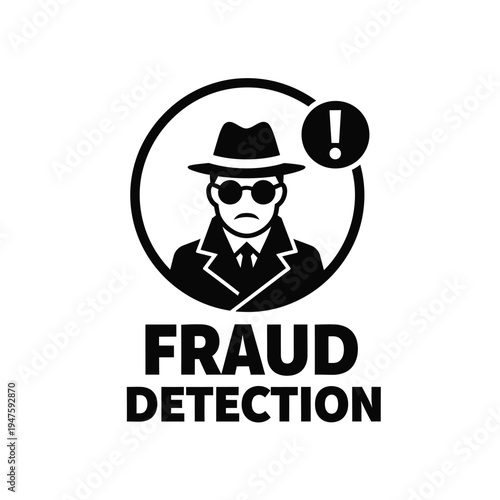A stylized black and white illustration depicts a suspicious figure in a fedora and sunglasses alongside the text fraud detection high quality professional detailed modern elegant