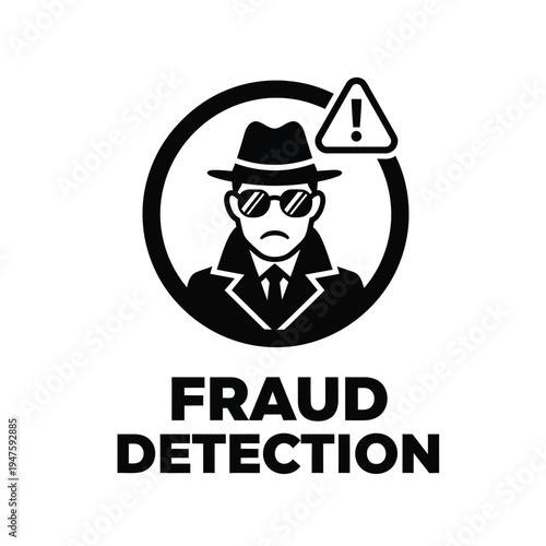 A stylized black and white illustration depicts a suspicious character with sunglasses and a warning sign coupled with text high quality professional detailed modern elegant stylish