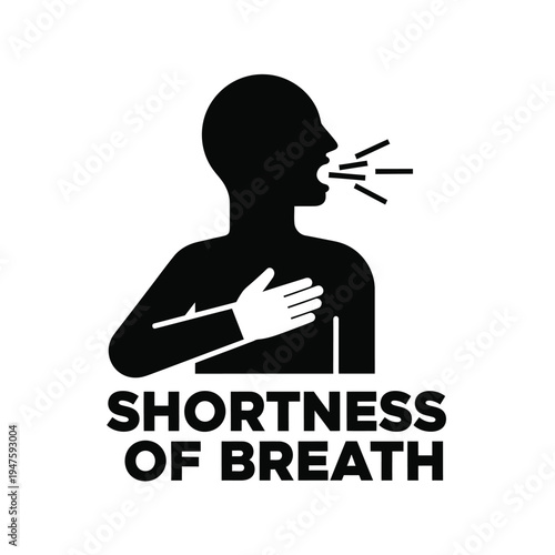 A stark black silhouette of a person yelling or gasping while clutching their chest accompanied by the text shortness of breath high quality professional