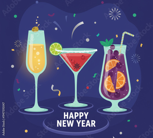 Vector illustration of a festive cocktail party invitation design featuring a champagne bottle and martini glass for a New Year celebration at a restaurant bar
